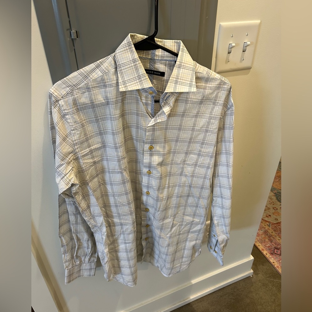 Men’s Hammer Made White and Yellow Plaid Shirt 15.5 Tailored Fit